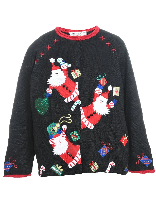 Santa Claus Design Black Appliqued Christmas Jumper - M Stylish Fashionable Trendy