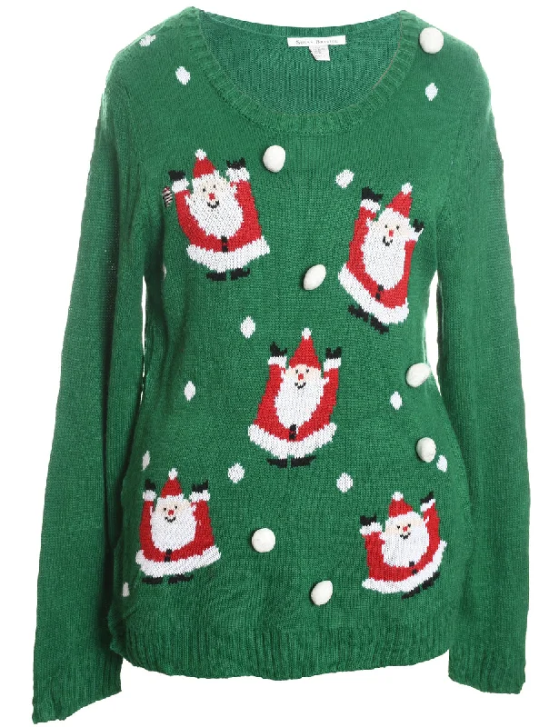 Santa Claus Design Green Knit Christmas Jumper - XL Hooded Sweater Collared Sweater Shawl Collar Santa Claus Design Green Knit Christmas Jumper - XL Hooded Sweater Collared Sweater Shawl Collar