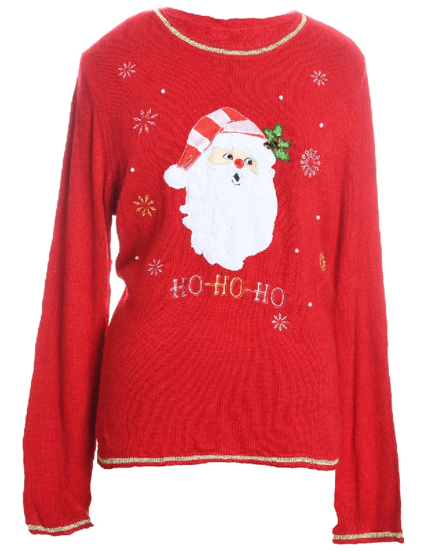 Santa Claus Design Red Embroidered Christmas Jumper - L Mesh Fabric Canvas Fabric Denim Fabric Santa Claus Design Red Embroidered Christmas Jumper - L Mesh Fabric Canvas Fabric Denim Fabric