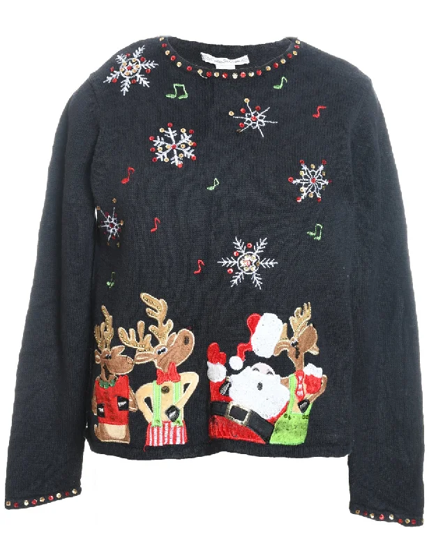 Santa Claus & Reindeer Christmas Jumper - L High Neck Crew Neck V-Neck