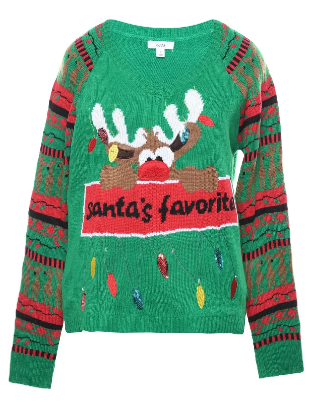 Santa Claus & Reindeer Christmas Jumper - L Modern Contemporary Chic