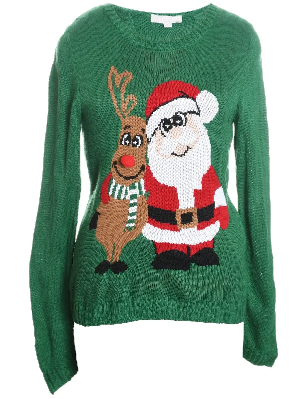 Santa Claus & Reindeer Green Knit Christmas Jumper - L Boat Neck Shawl Collar Notched Collar Santa Claus & Reindeer Green Knit Christmas Jumper - L Boat Neck Shawl Collar Notched Collar