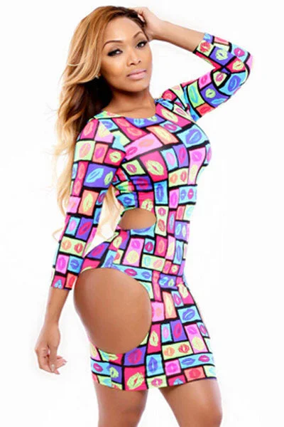 Sexy Bold Hollow-out Lips Print Club Dress