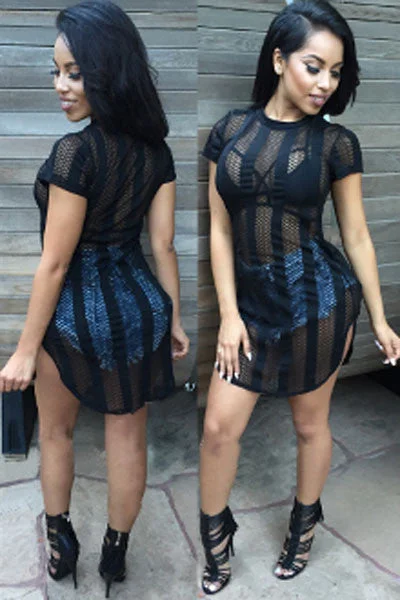 Sexy See-through Vertical Striped Hollow out Club Dress