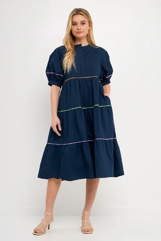 English Factory - Short Puff Sleeve Dress Piping Detail