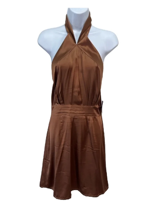 Silk Maison Size S Brown Silk Zip Back Halter Knee Length Dress