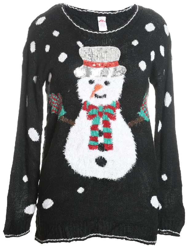 Snowman Design Black Fluffy Knit Christmas Jumper - M Notch Collar Peter Pan Collar Cowl Neck Snowman Design Black Fluffy Knit Christmas Jumper - M Notch Collar Peter Pan Collar Cowl Neck