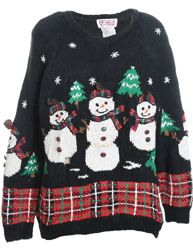 Snowman Design Black Knit Christmas Jumper - L Ribbed Striped Patterned