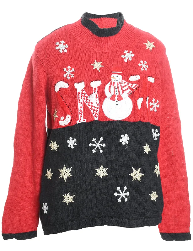 Snowman Design Black & Red Christmas Jumper - L Handmade Hand-knitted Hand-woven