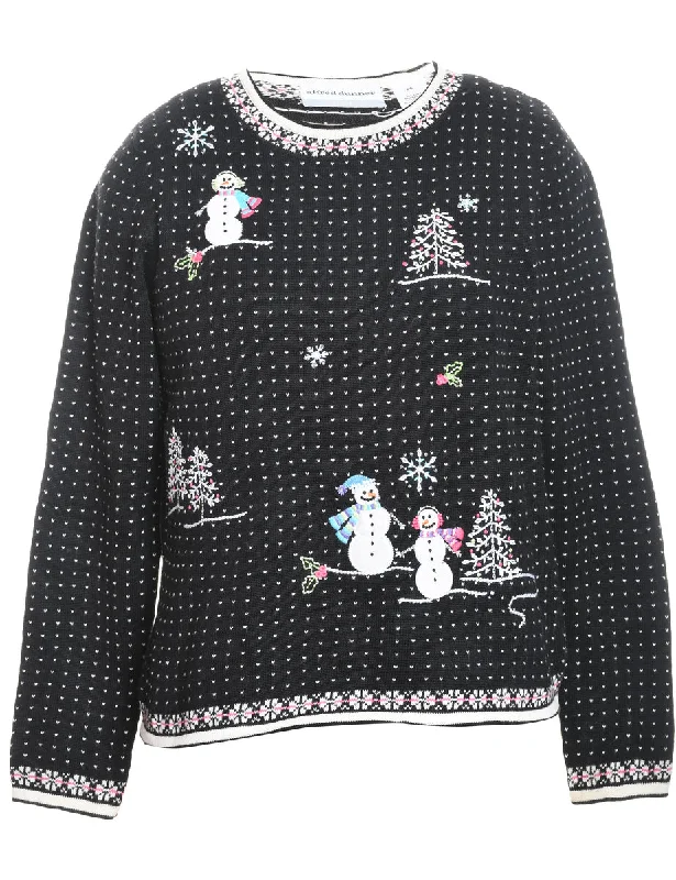 Snowman Design Black & White Embroidered Christmas Jumper - S Fleece Sweater Nylon Polyester