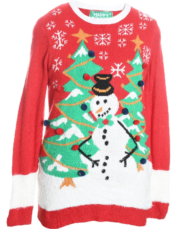 Snowman Design Red, Green & White Jumper - M Front Pockets Side Pockets Patch Pockets Snowman Design Red, Green & White Jumper - M Front Pockets Side Pockets Patch Pockets