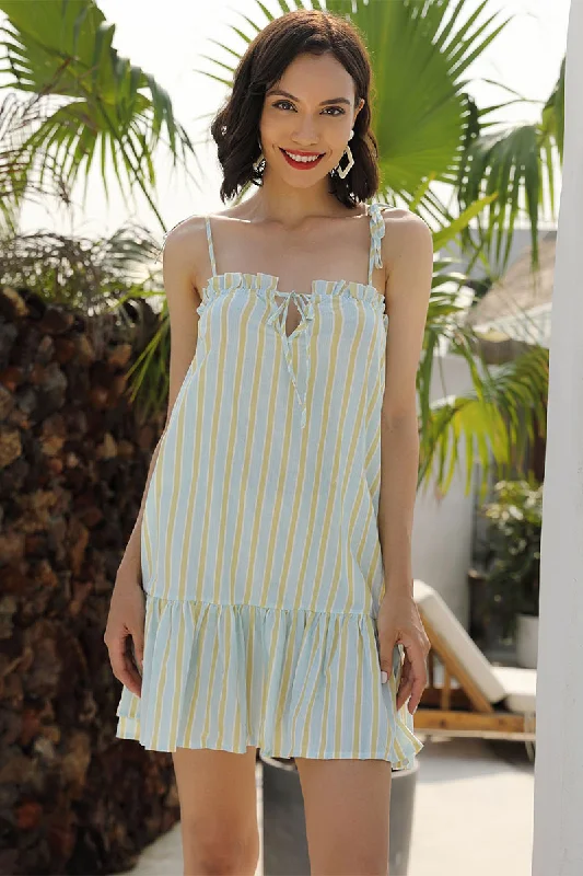 Striped Bowknot Spaghetti Straps Ruffled Dress