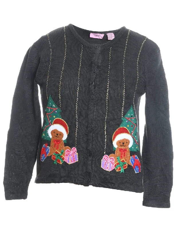 Teddy Bear Print Christmas Jumper - L Herringbone Houndstooth Plaid