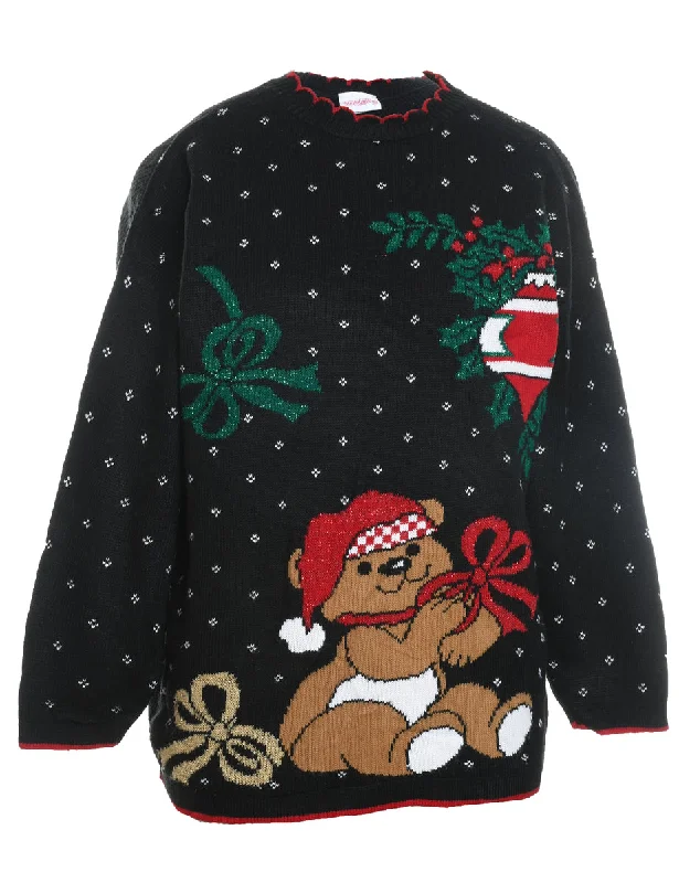 Teddy Bear Print Christmas Jumper - M Front Pockets Side Pockets Patch Pockets