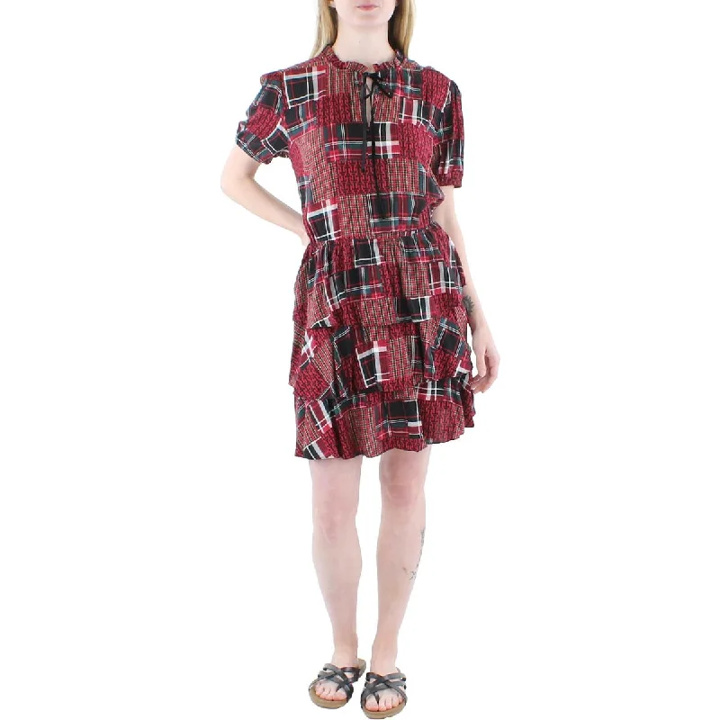 Tommy Hilfiger Womens Patchwork Tie Neck Fit & Flare Dress