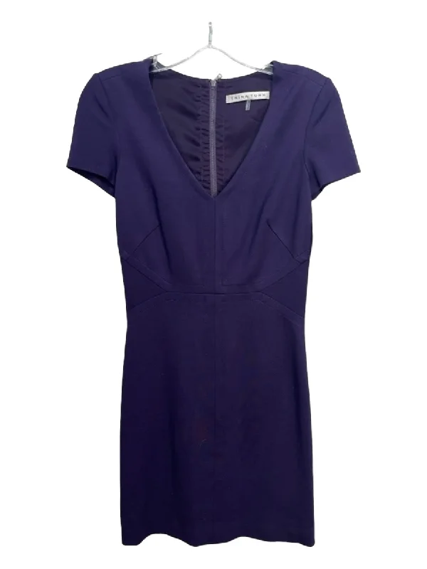 Trina Turk Size 0 Eggplant Purple Rayon V Neck Back Zip Fitted Lace Trim Dress