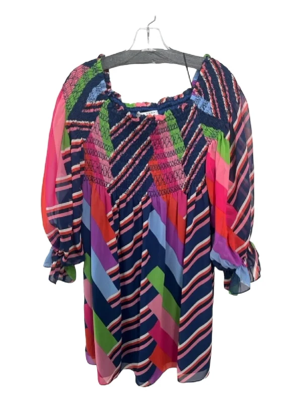 Trina Turk Size L Navy & Multi Polyester Blend Striped Square Neck Dress