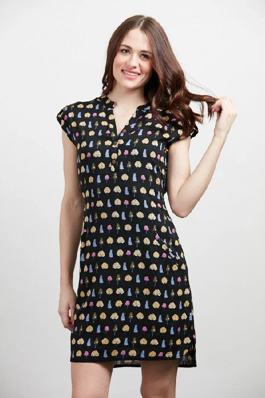 Tropical Trees Print Black Dress