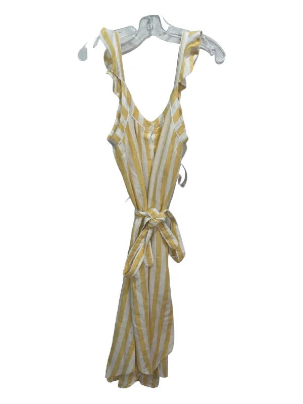 Trovata Birds of Paradis Size L Yellow & White Linen Striped Button Front Dress