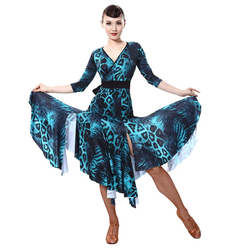 V Neck Leopard Print  Latin Dress with Belt