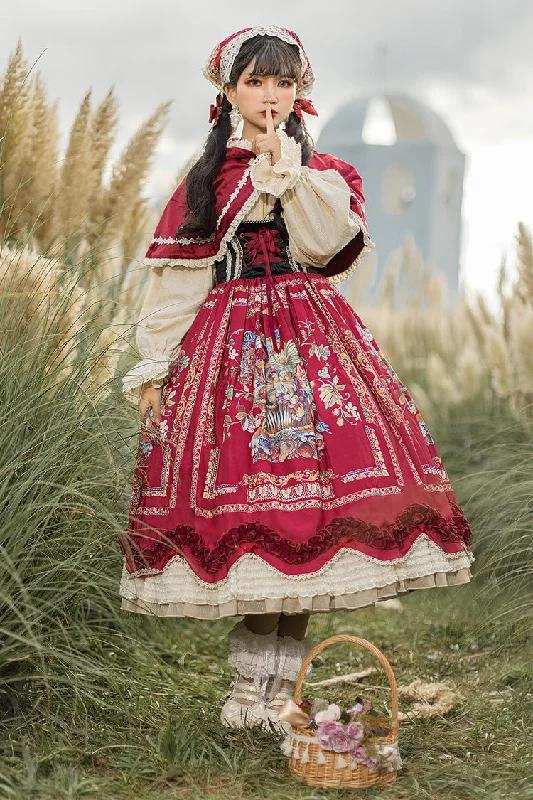 Wine Red [Ode to Plenty] Berries and Birds Print Ruffle Bowknot Velvet Classic Lolita Breast Support Jsk Dress