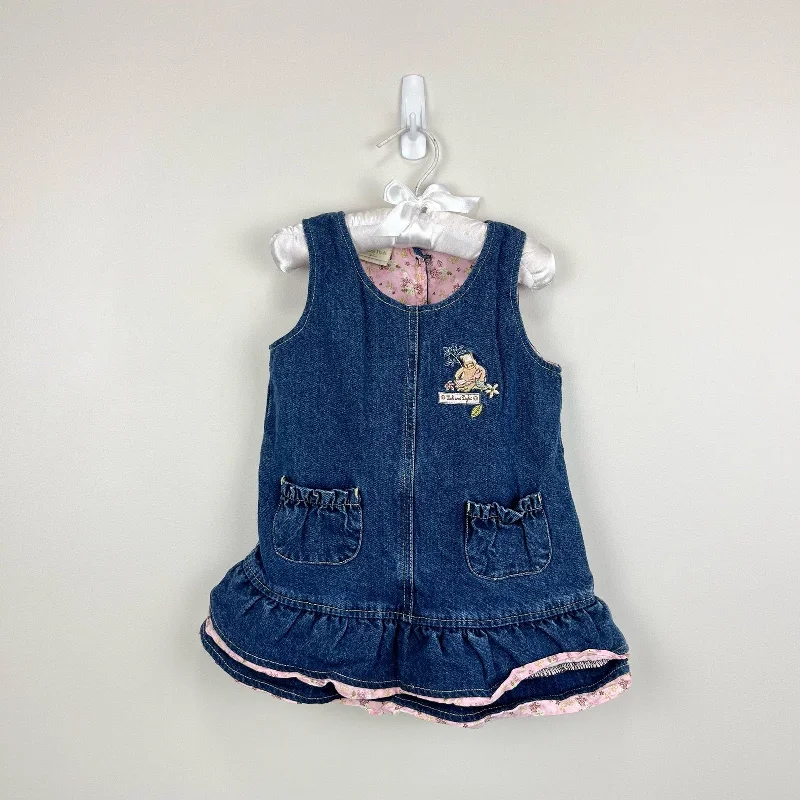 Y2K Vintage Classic Pooh Denim Ruffle Jumper 24 Months Toggled Drawstring Belted