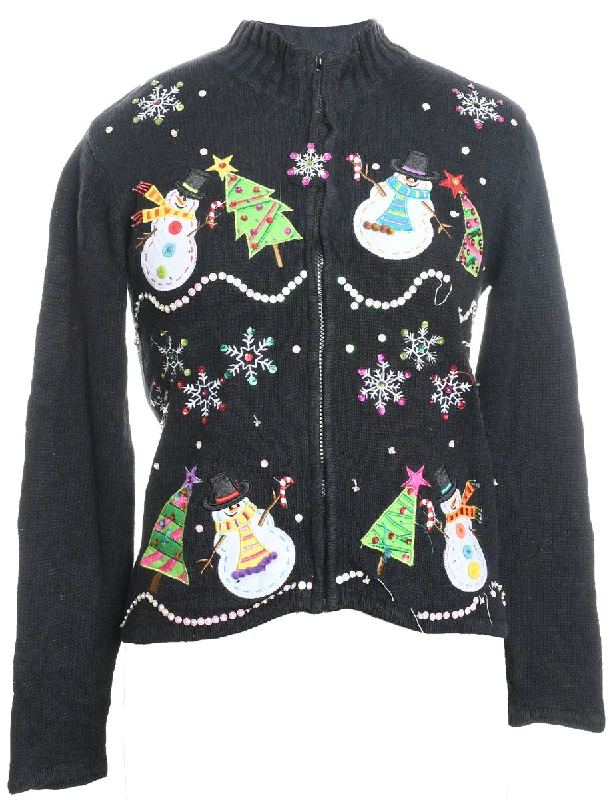 Zip-Front Appliqued Christmas Jumper  - M Stretchy Elastic Breathable