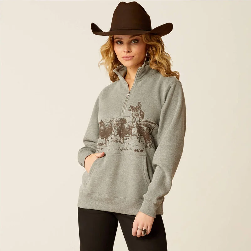 Ariat Women's 1/2 Zip Ranch Graphic Sweatshirt in Heather Grey (Plus Sizes Available) Cotton Hoodie Fleece Lining Warmth Ariat Women's 1/2 Zip Ranch Graphic Sweatshirt in Heather Grey (Plus Sizes Available) Cotton Hoodie Fleece Lining Warmth