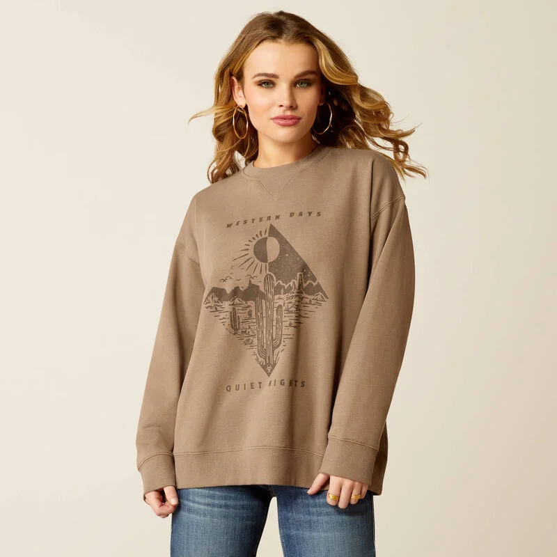Ariat Women's Western Days Oversized Sweatshirt in Dark Khaki Heather Hoodie with Hem Fringe Bohemian Relaxed Ariat Women's Western Days Oversized Sweatshirt in Dark Khaki Heather Hoodie with Hem Fringe Bohemian Relaxed