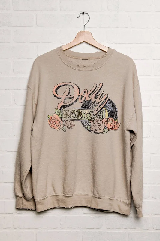 Livy Lu Dolly Parton Rose Record Thrifted Sweatshirt in Sand Hoodie with Side Slits Relaxed Casual Livy Lu Dolly Parton Rose Record Thrifted Sweatshirt in Sand Hoodie with Side Slits Relaxed Casual