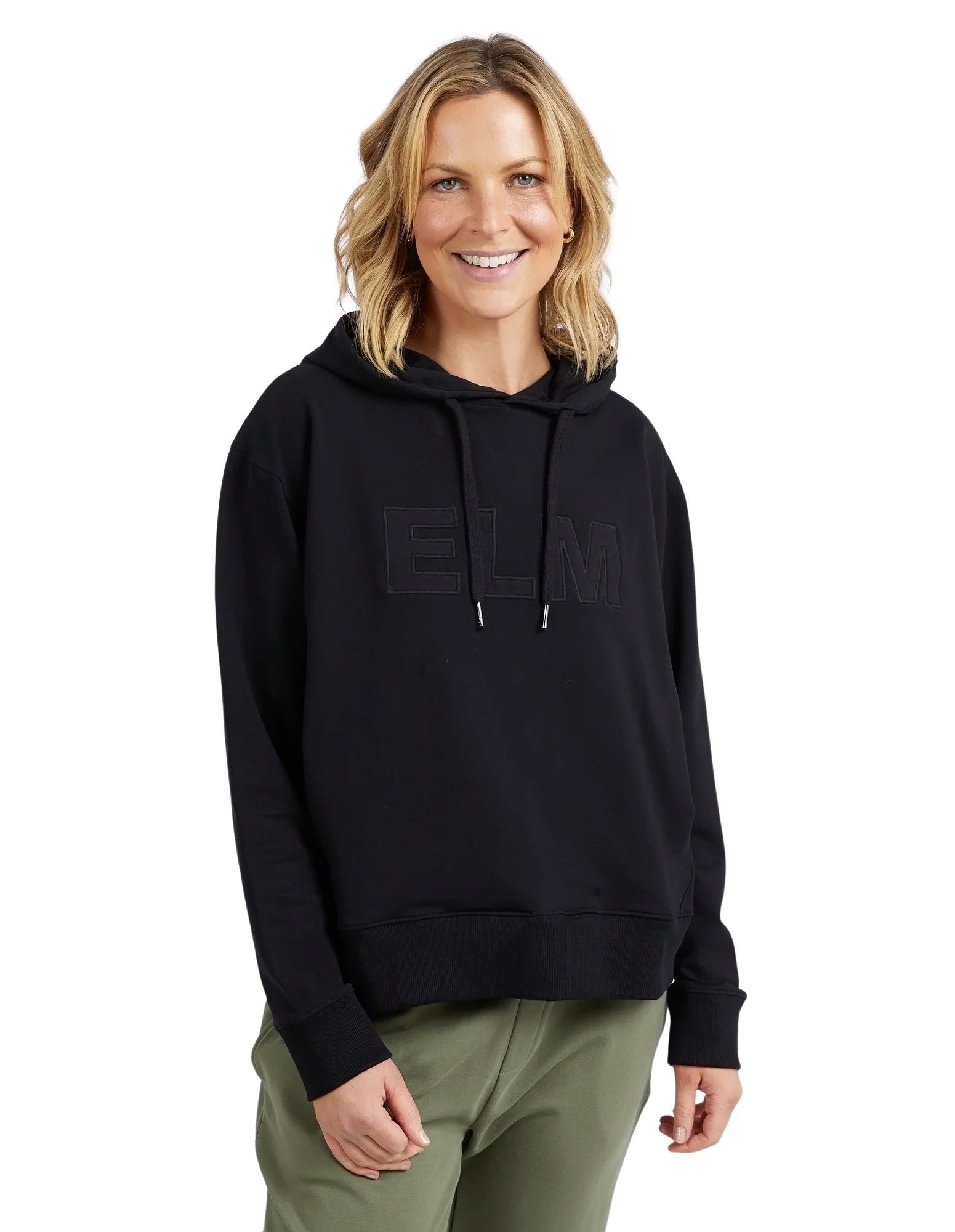 ELM APPLIQUE HOODY BLACK Hoodie with Turtle Neck Cozy Winter