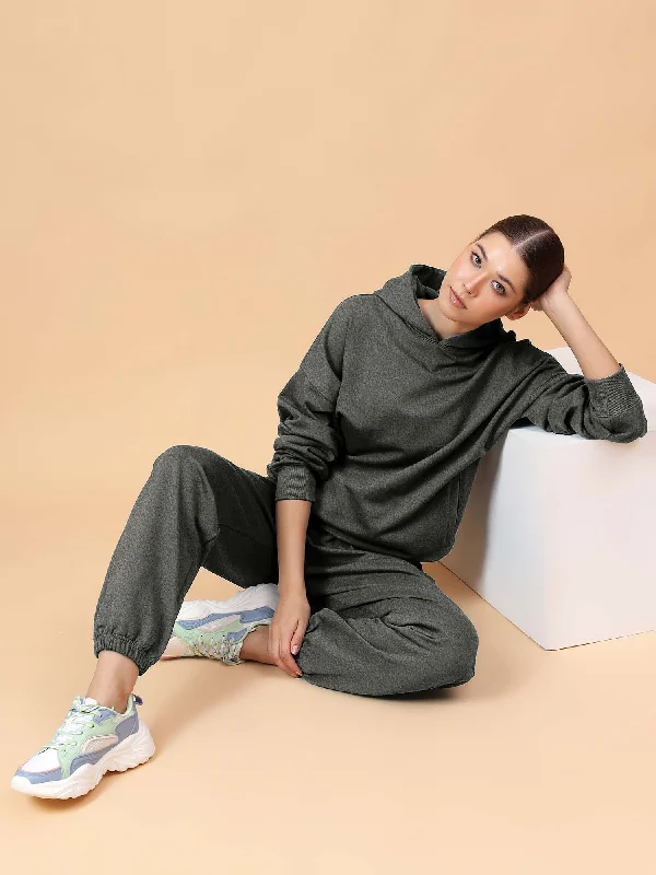Fitkin Women Grey Melange CozyCore Fleece Hoodie Hoodie with Rolled Sleeves Casual Relaxed Fitkin Women Grey Melange CozyCore Fleece Hoodie Hoodie with Rolled Sleeves Casual Relaxed