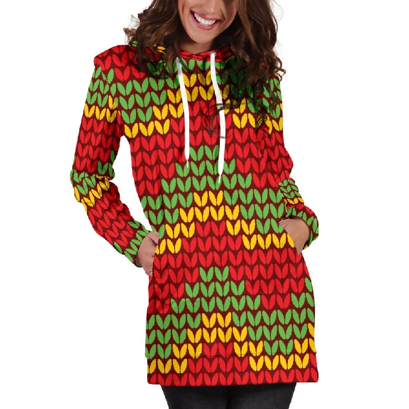 Knitted Reggae Pattern Print Pullover Hoodie Dress Hoodie with Hem Drawcord Adjustable Customizable Knitted Reggae Pattern Print Pullover Hoodie Dress Hoodie with Hem Drawcord Adjustable Customizable