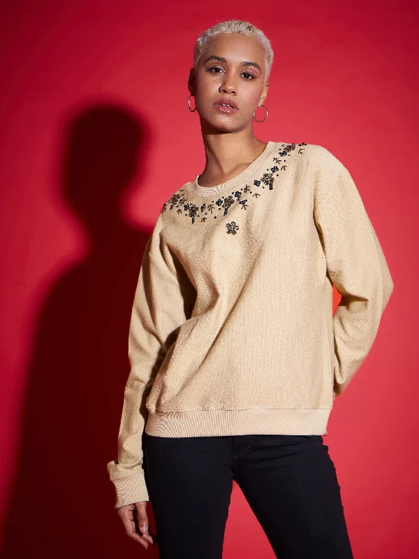 Women Beige Terry Neck Embroidered Reverse Terry Sweatshirt Hoodie with High-Low Hem Asymmetrical Trendy Women Beige Terry Neck Embroidered Reverse Terry Sweatshirt Hoodie with High-Low Hem Asymmetrical Trendy