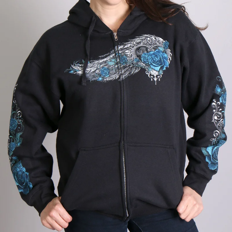 Hot Leathers GLZ4345 Ladies 'Angel Roses' Zip Up Hooded Ladies Black Sweat Shirt Hoodie with Hem Frayed Vintage Worn Hot Leathers GLZ4345 Ladies 'Angel Roses' Zip Up Hooded Ladies Black Sweat Shirt Hoodie with Hem Frayed Vintage Worn