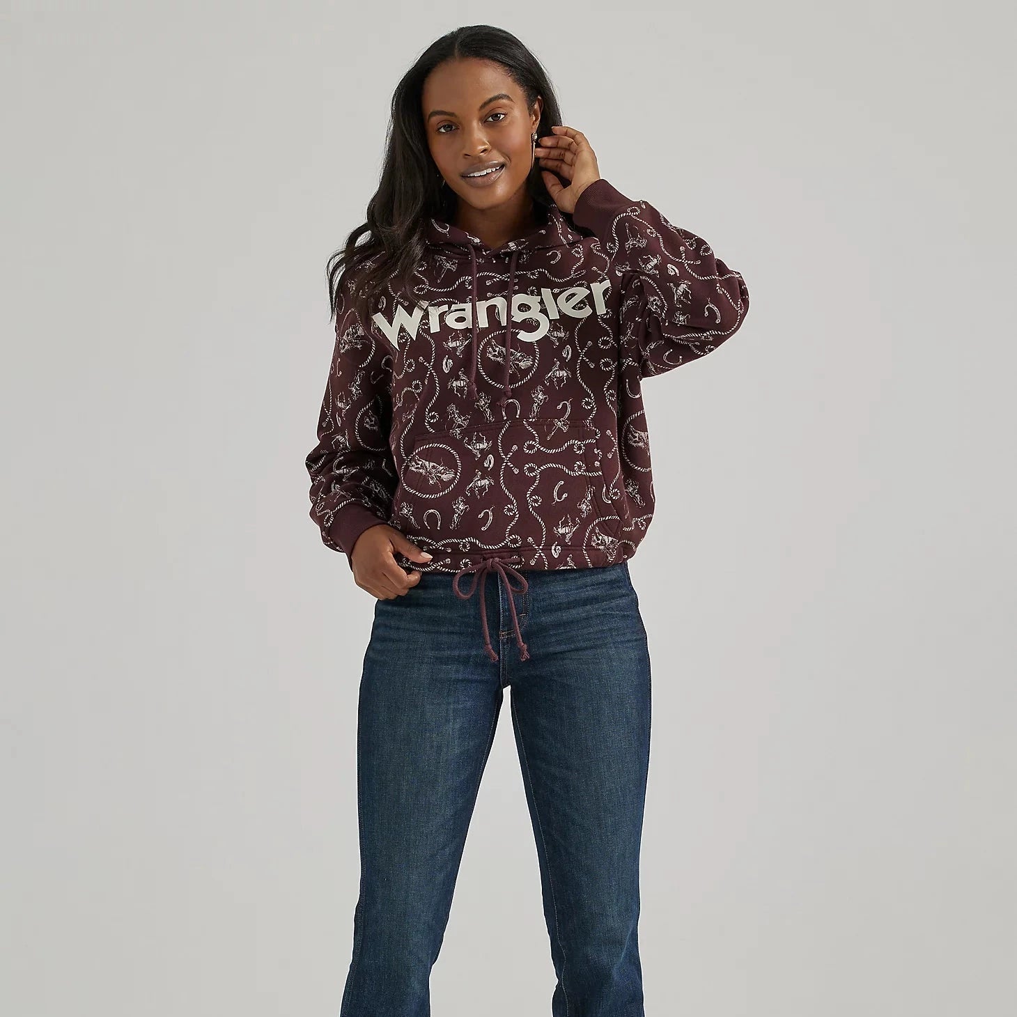 Wrangler Retro Women's All-Over Rodeo Cinched Hoodie in Fudge Hoodie with Rhinestones Sparkly Elegant Wrangler Retro Women's All-Over Rodeo Cinched Hoodie in Fudge Hoodie with Rhinestones Sparkly Elegant