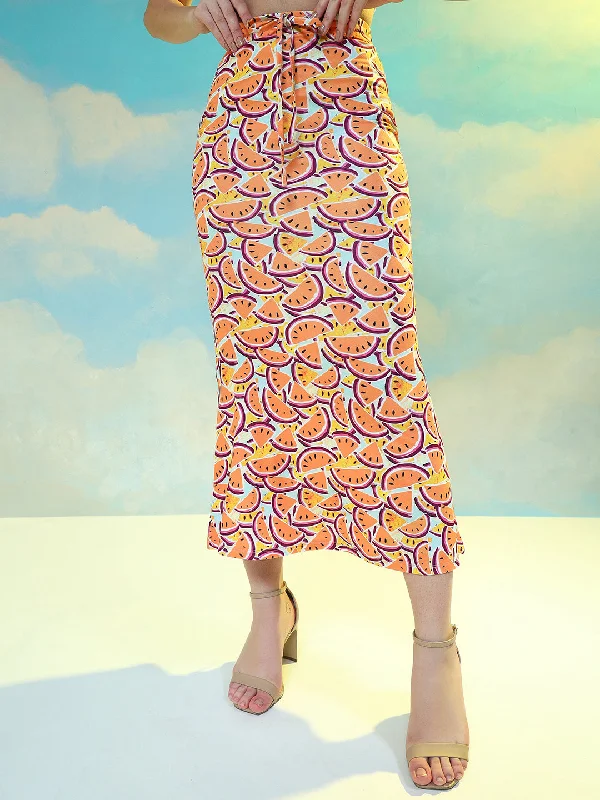 TANDUL  Women Printed Flared Orange Skirt silk skirt sleek