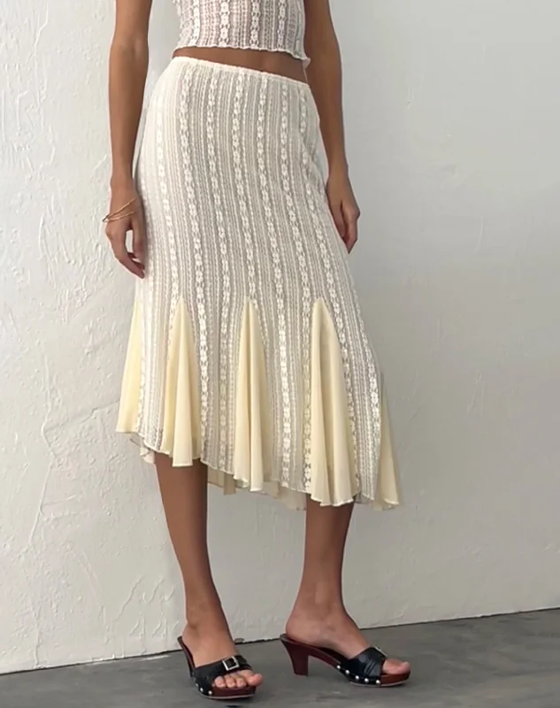 Betharia Frill Detail Midi Skirt in Cream Lace cashmere skirt fine