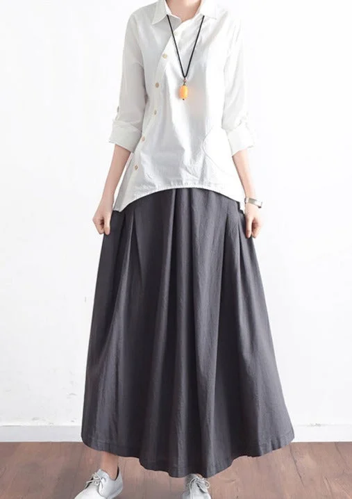 Grey long linen maxi skirt pockets pleated skirts denim skirt casual