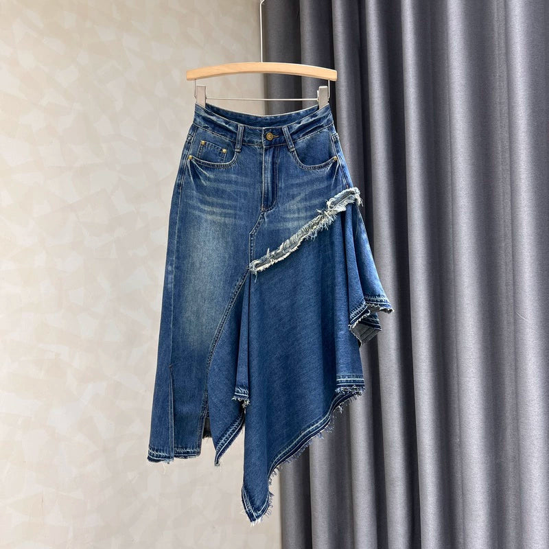 Irregular Patchwork Denim Skirt wool skirt sturdy