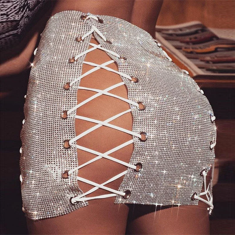 Luxury Glitter Metal Crystal Diamonds Skirts Women Hollow Out Diamonds Rhinestone Lace Up Sexy Clubwear Nightclub Mini Skirt wool skirt warm