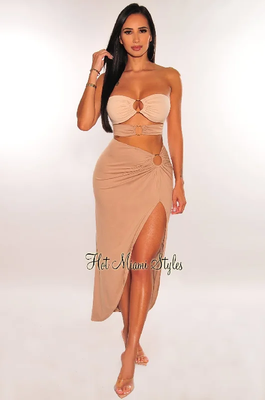 Nude Two Toned Strapless O Ring Cut Out Slit Skirt Two Piece Set leather skirt refined Nude Two Toned Strapless O Ring Cut Out Slit Skirt Two Piece Set leather skirt refined