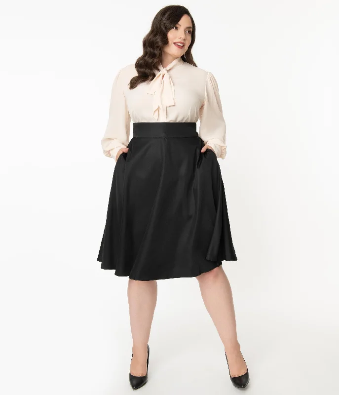 Unique Vintage Plus Size Retro Style Black High Waist Vivien Swing Skirt linen skirt natural