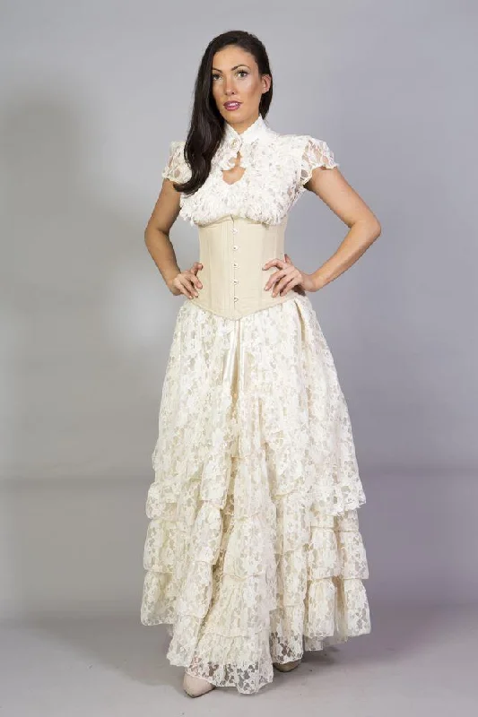 Victorian Long Gothic Skirt In Cream & Cream Lace Overlay button skirt front